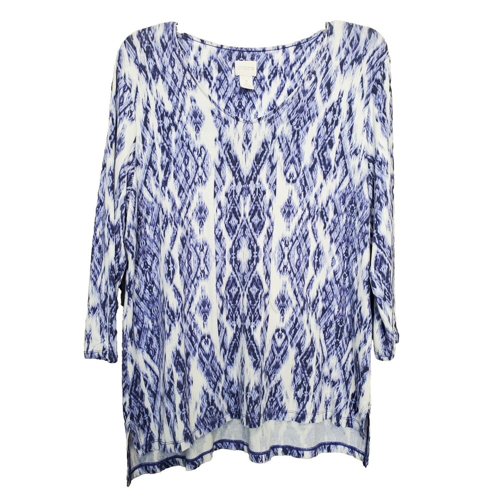 CHICO'S Purple Jersey Knit Ikat Print V-Neck 3/4 Sleeve Tunic Size 2 Large